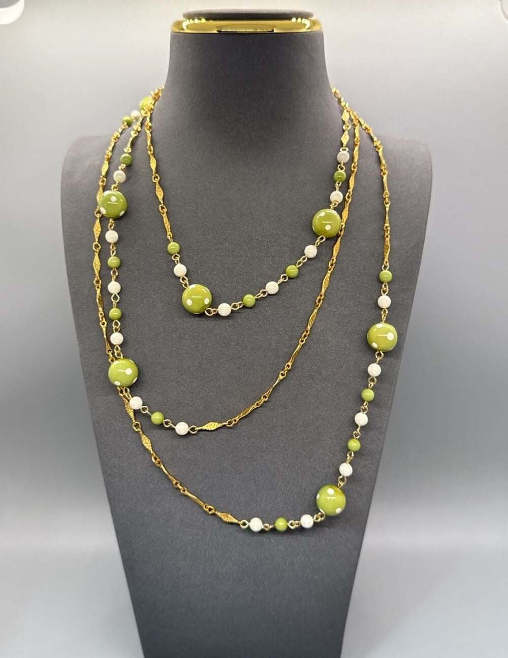 Vtg Gold Tone Necklace Green & White Polka Dot Beads LONG Retro Grannycore EUC